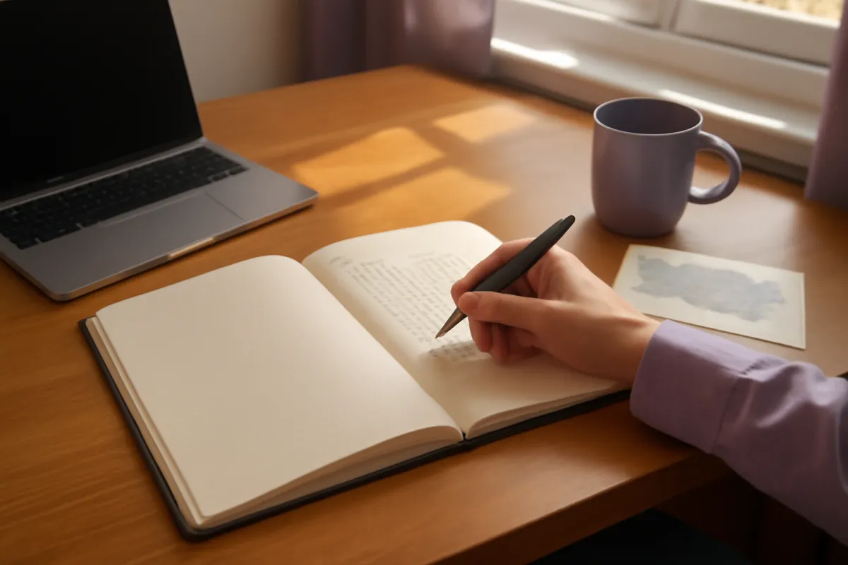 A hand writing figures in an open notebook at a desk beside a laptop, a mug, and a small map card