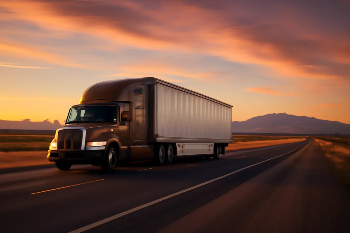A large transport vehicle traveling down an open interstate highway at golden hour under a wide sky