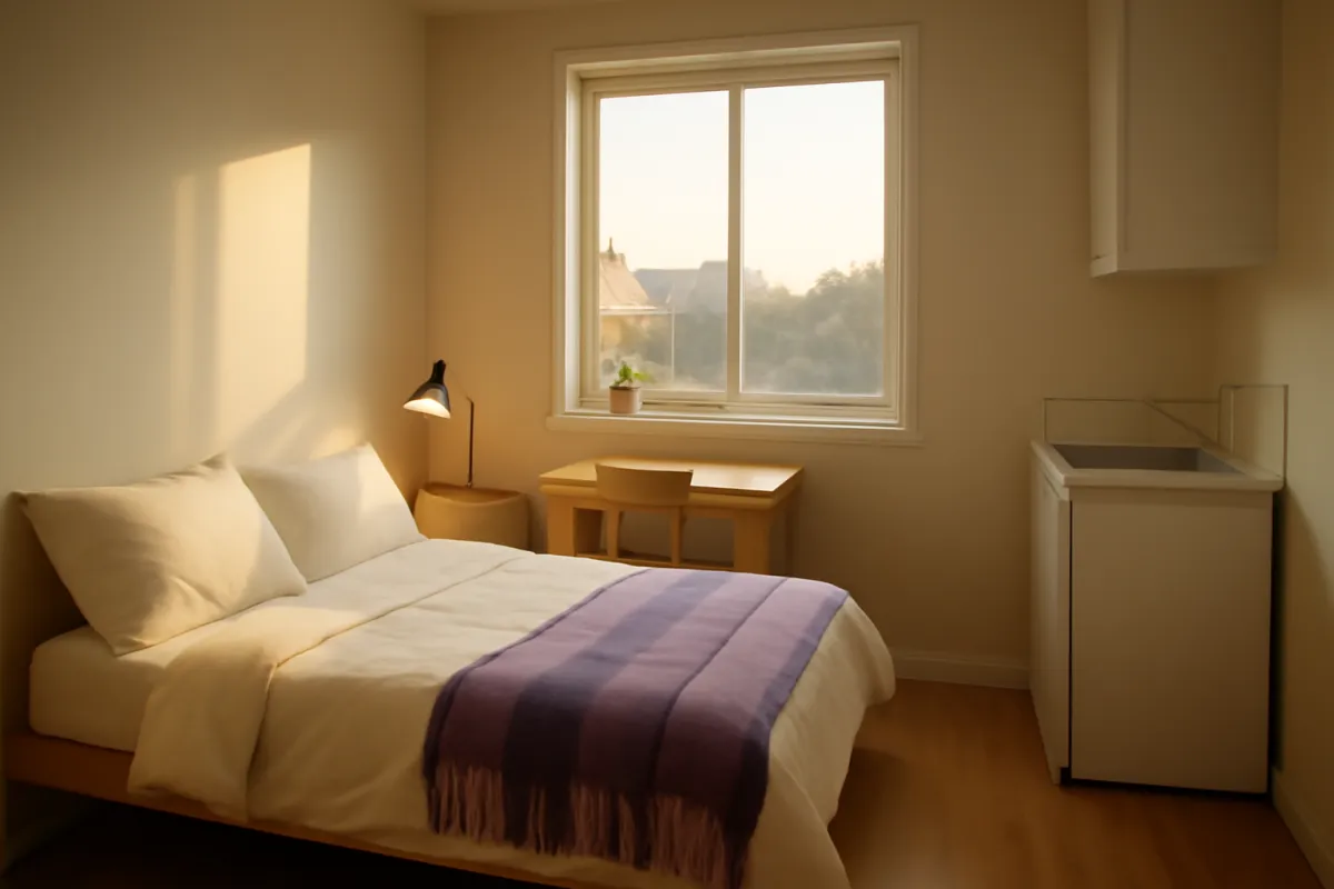 A small tidy rental bedroom with a made bed, a purple throw, a desk by a sunny window, and a compact kitchenette in warm golden light