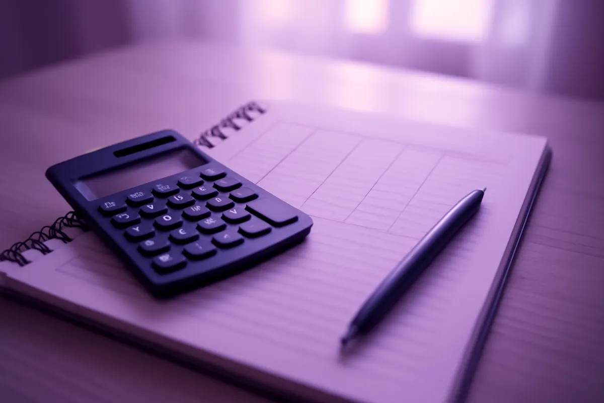 A calculator and a pen resting on an open spiral notebook on a desk in cool violet light