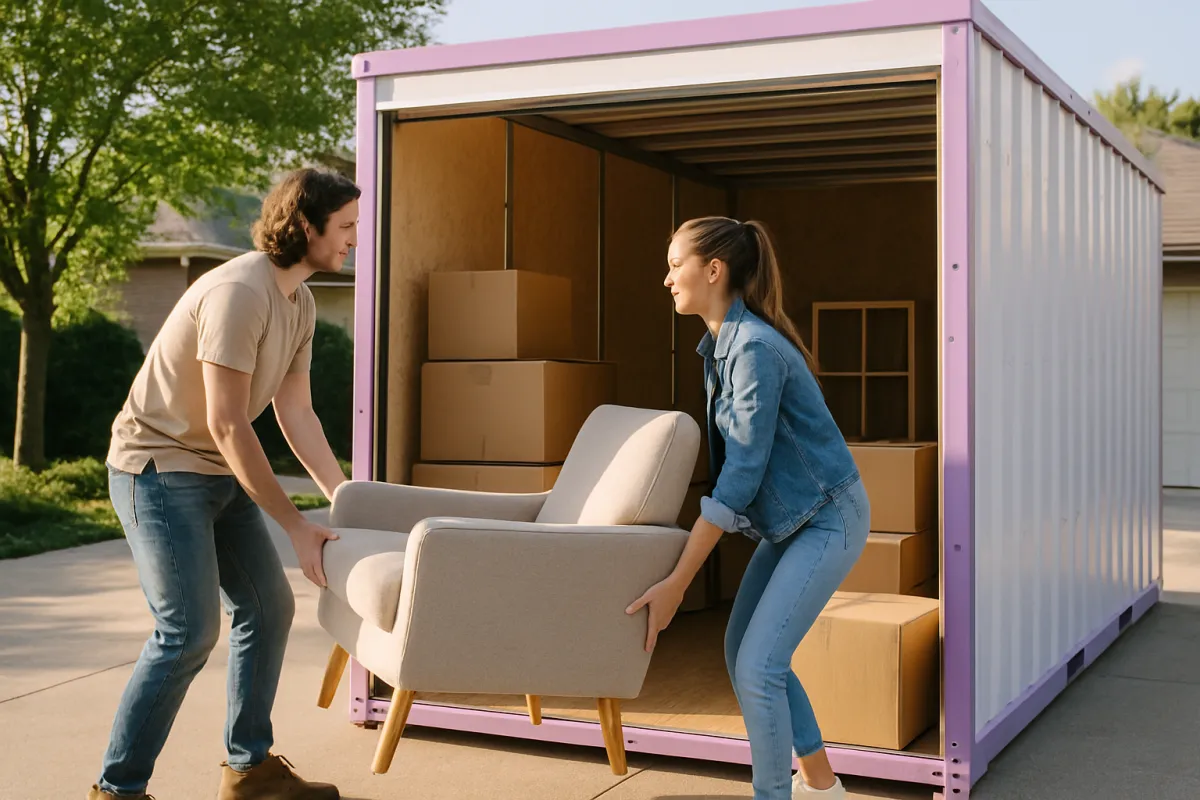 A couple loading furniture and boxes into a moving container in a driveway, the same staging and loading work that packing a moving truck requires
