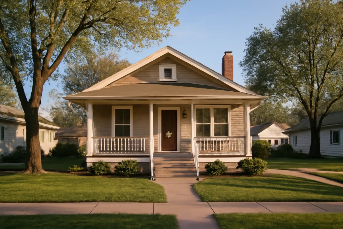 A modest single-family home with a welcoming front porch in a quiet low-cost neighborhood