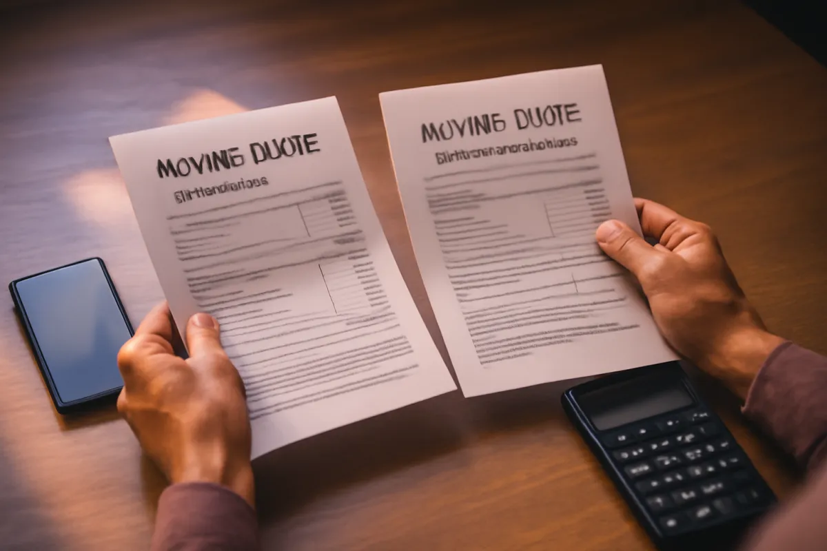 A person comparing two printed moving quotes side by side at a desk with a phone and a calculator