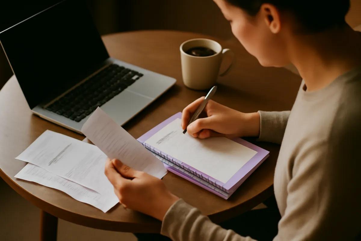 A person at a round wooden table writing on a notepad beside an open laptop, a mug of coffee, and several loose printed pages