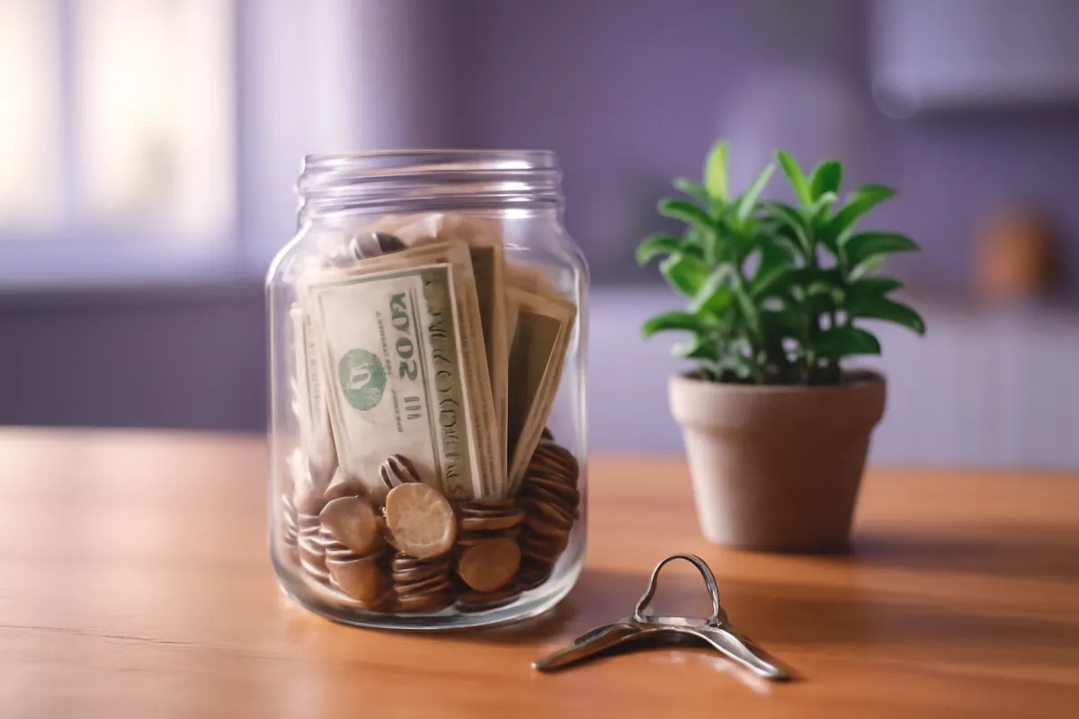 A glass jar of saved cash and coins beside a small plant on a wooden table