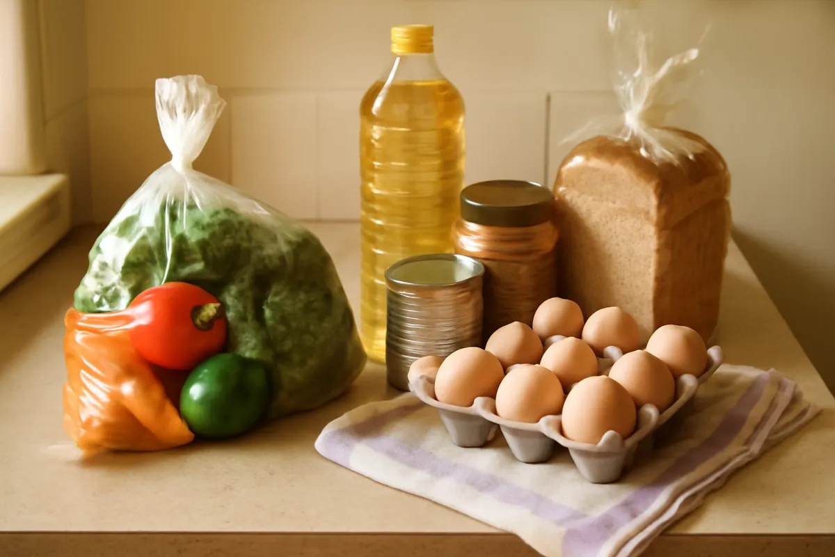 A single person's grocery haul on a small kitchen counter with one bag of produce, eggs, bread, and a few staples portioned for one