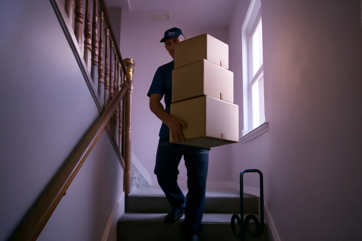 A mover carrying a stack of boxes down an interior staircase on moving day