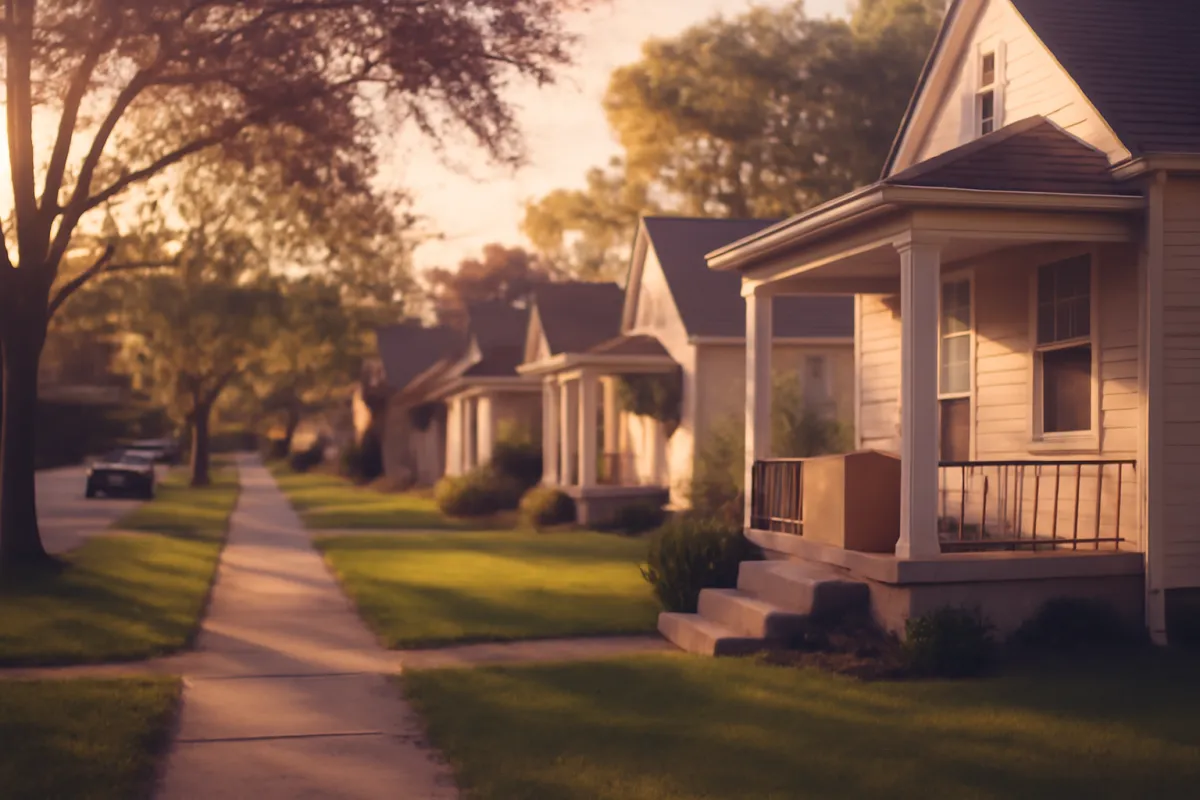 A suburban residential street with modest single-family homes in warm afternoon light