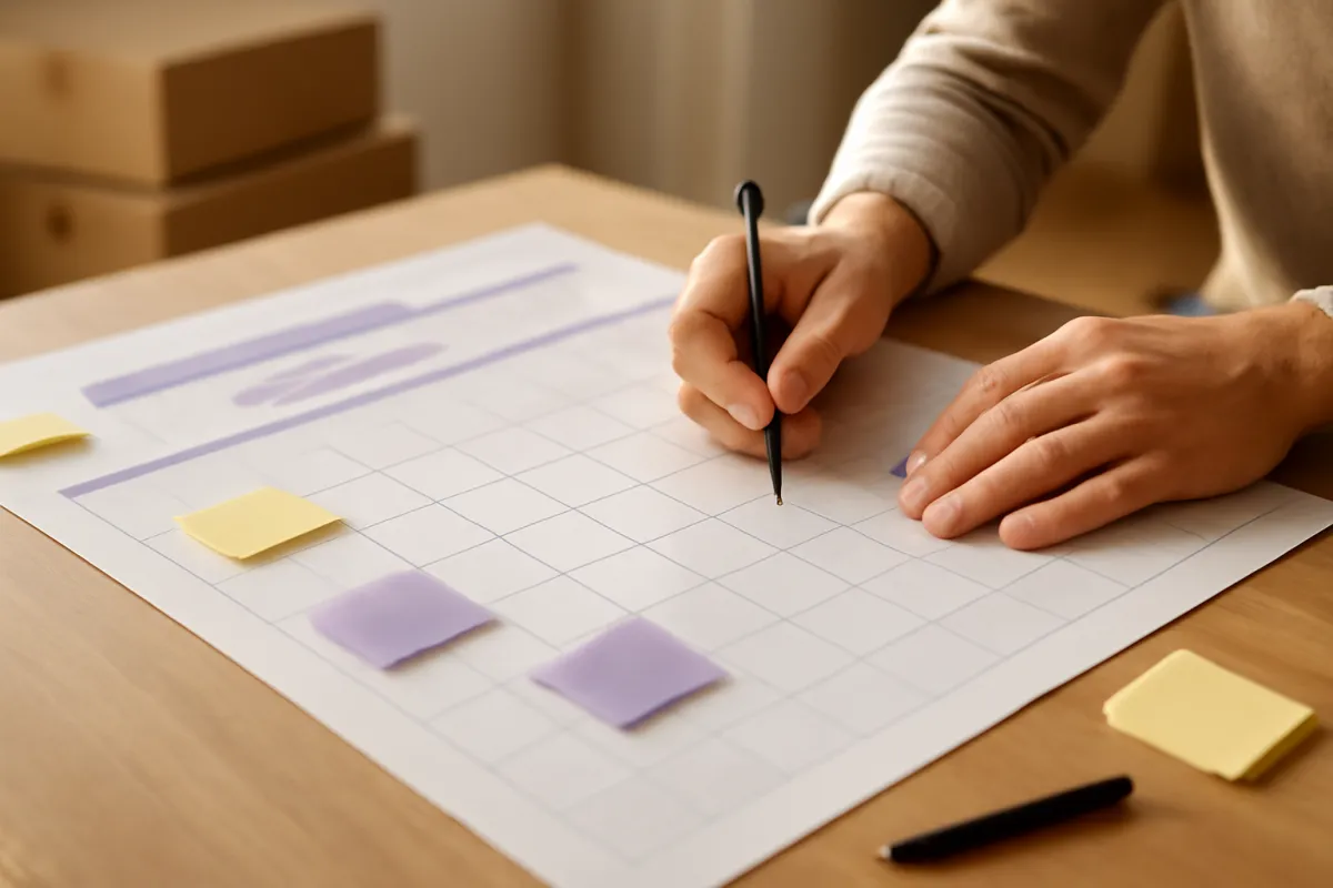 Hands sketching a week-by-week move plan on a gridded calendar sheet with sticky notes, moving boxes blurred behind
