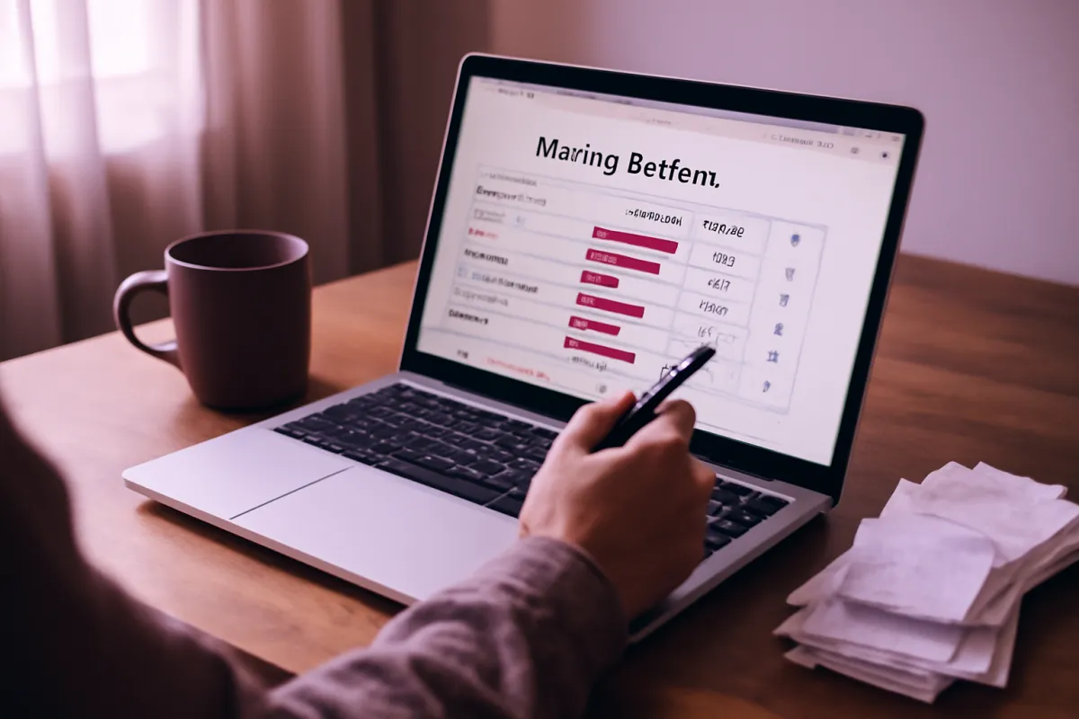 A person marking up a moving budget tracker on a laptop beside a mug and a stack of receipts