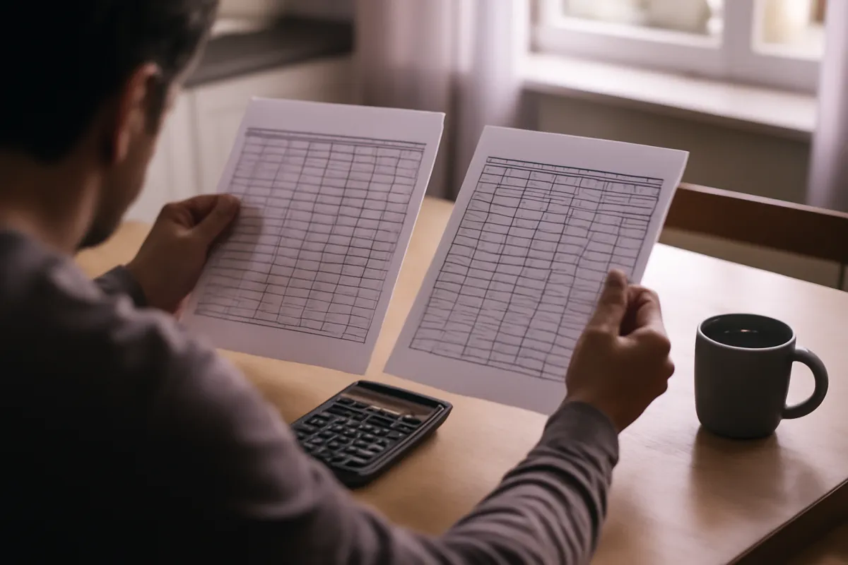 A person at a kitchen table holding up two printed spreadsheets side by side, a calculator and a mug on the table