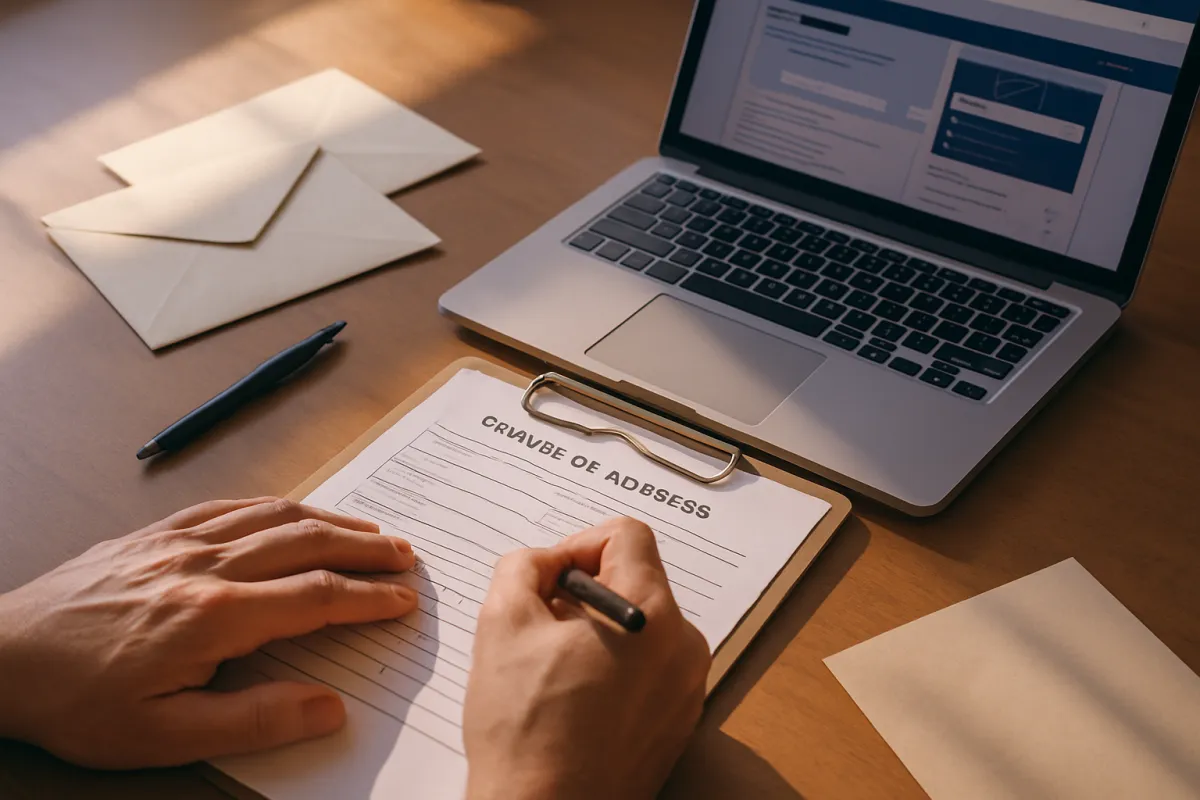 A change-of-address form and forwarded envelopes on a desk beside a laptop, representing updating your address before a move
