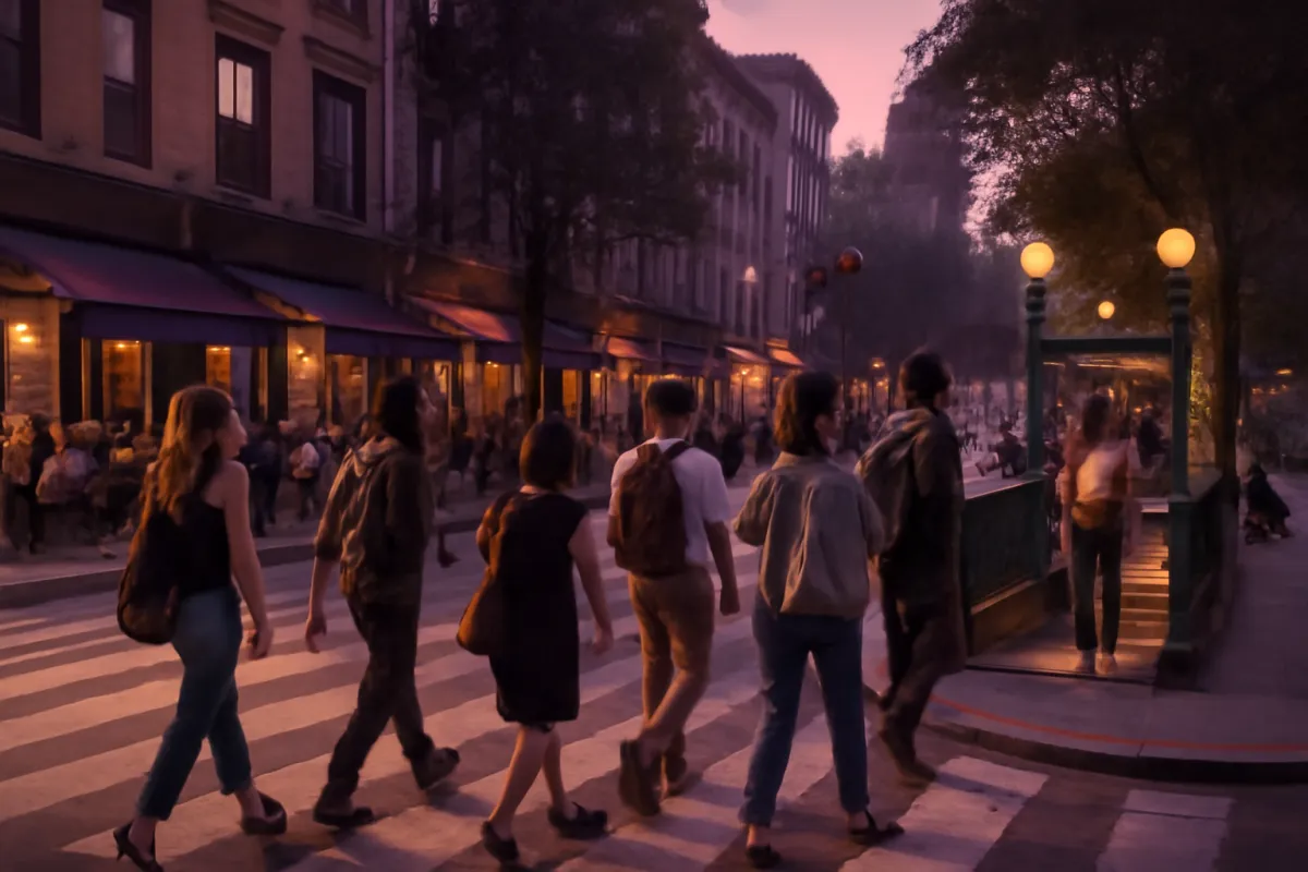 People crossing a city street at a crosswalk at dusk, cafes and shops lit along the sidewalk and a transit entrance at the corner