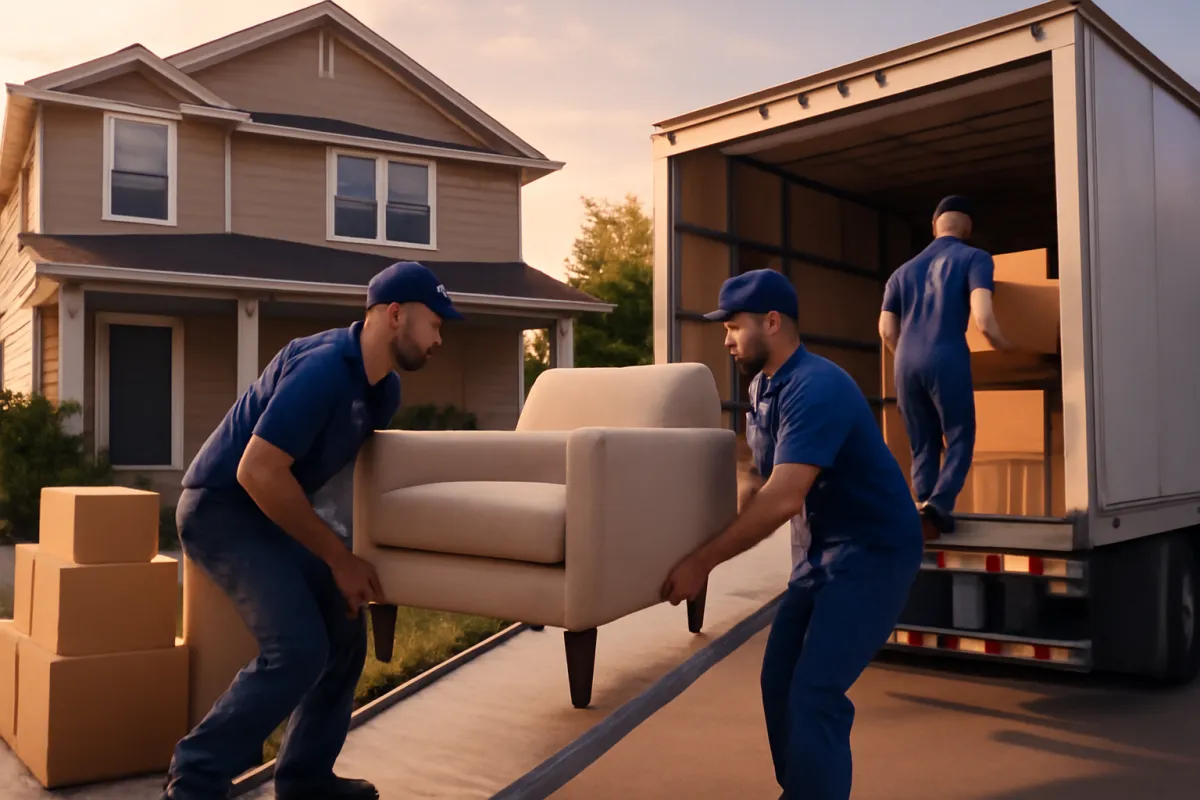 Professional movers carrying furniture up a ramp into a large truck outside a two-story suburban house