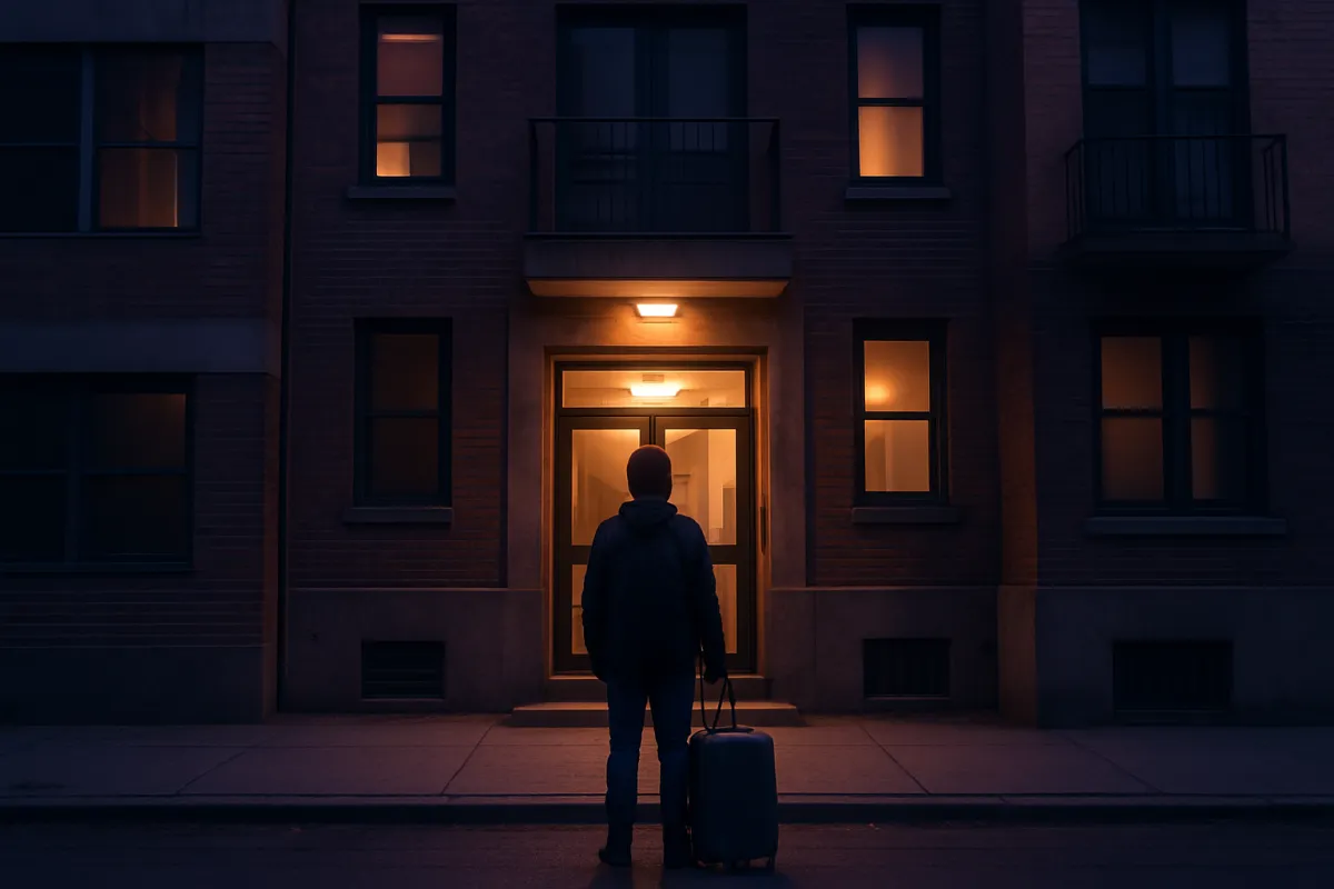 A person with a suitcase looking up at an apartment building in a new city
