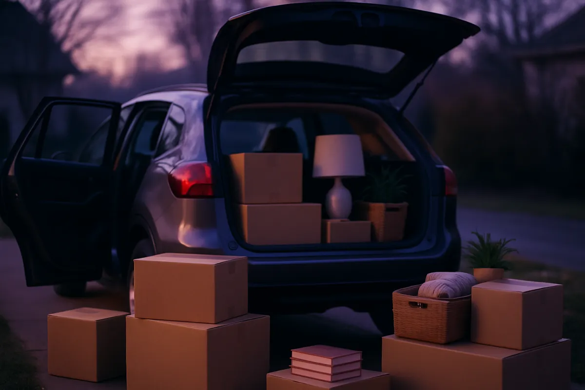 Cardboard boxes and belongings being loaded into a car in a driveway at dawn under a purple sky for a long-distance move